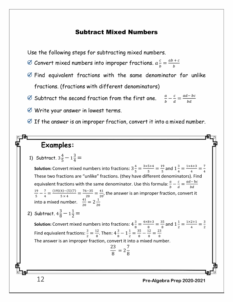 Pre Algebra Review Worksheet