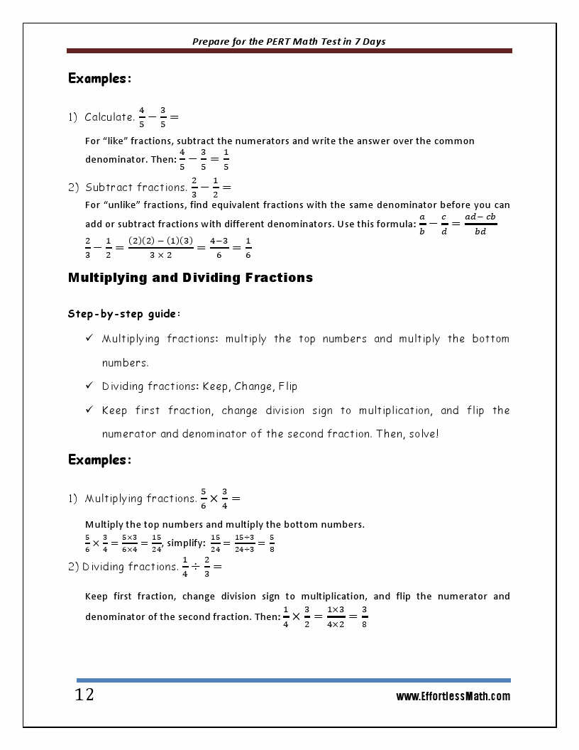 Prepare for the PERT Math Test in 7 Days A Quick Study Guide with Two