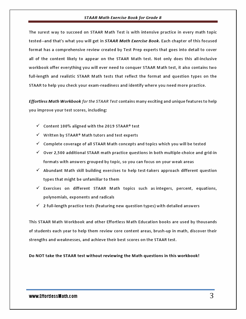 STAAR Math Exercise Book for Grade 8: Student Workbook and Two ...