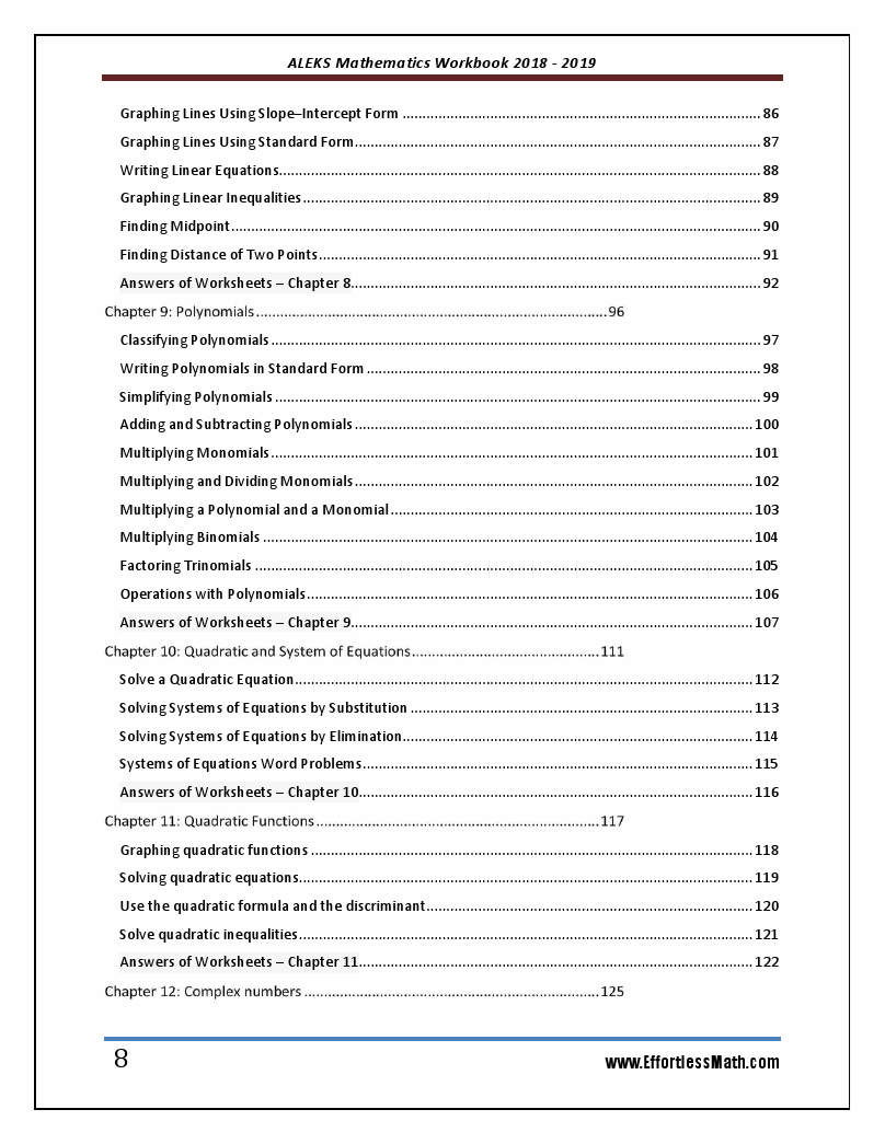 ALEKS Mathematics Placement Assessment Workbook 2018 2019 A