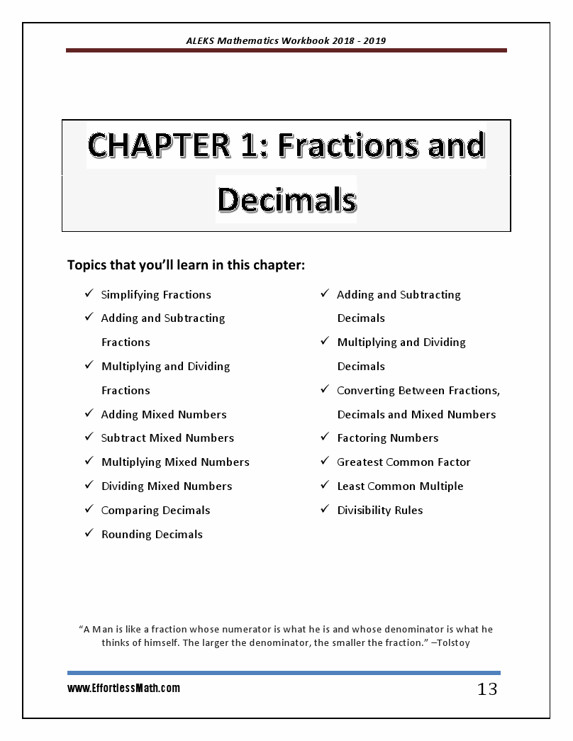 ALEKS Mathematics Placement Assessment Workbook 2018 2019 A