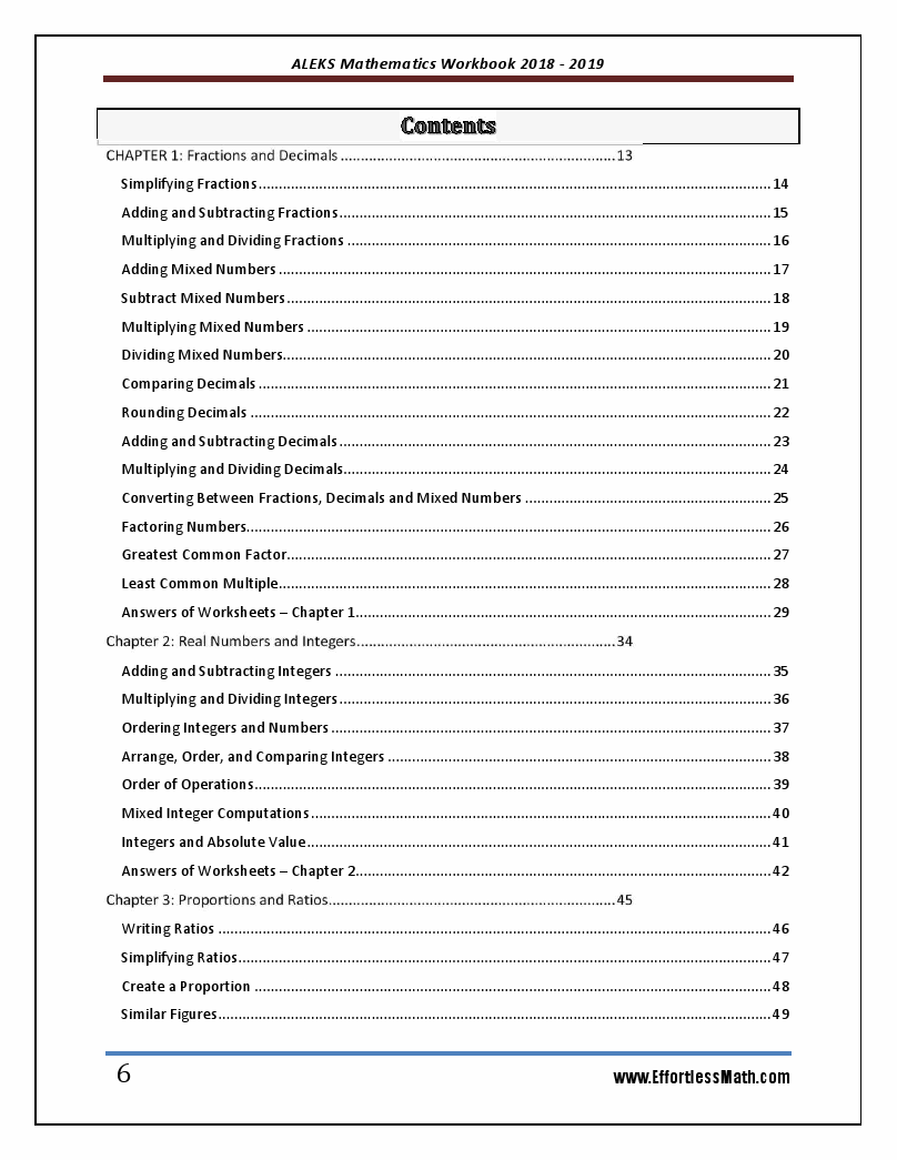 ALEKS Mathematics Placement Assessment Workbook 2018 2019 A