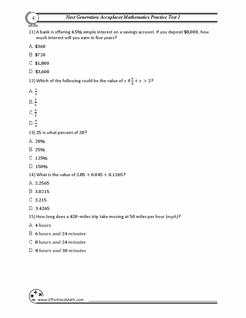 Free Printable Accuplacer Math Practice Test
