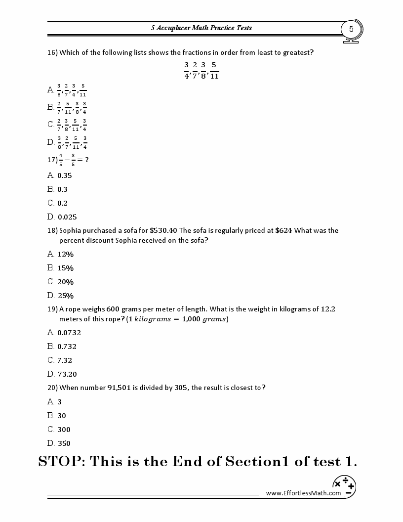 Free Printable Accuplacer Practice Test