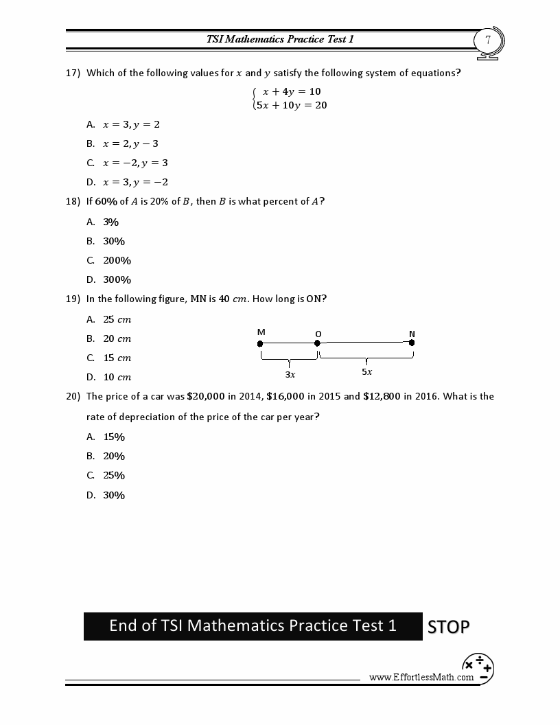 10 TSI Math Practice Tests Extra Practice to Help Achieve an Excellent