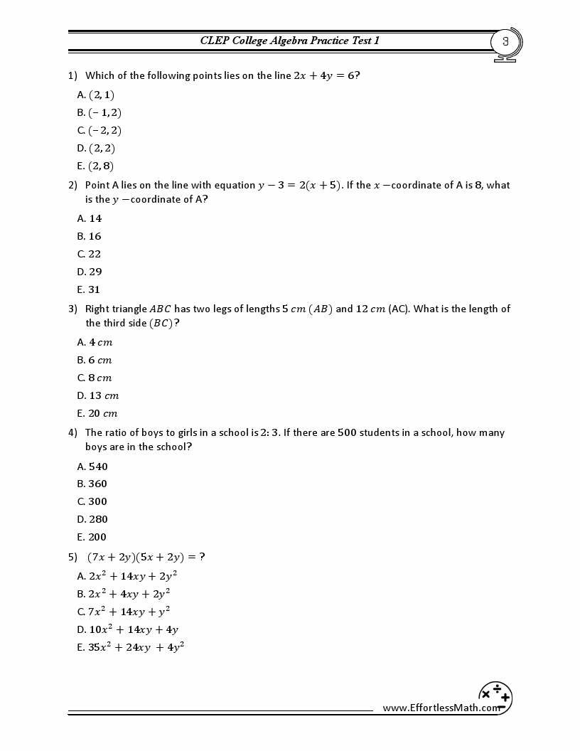 Printable Intro To Algebra Practice Tests