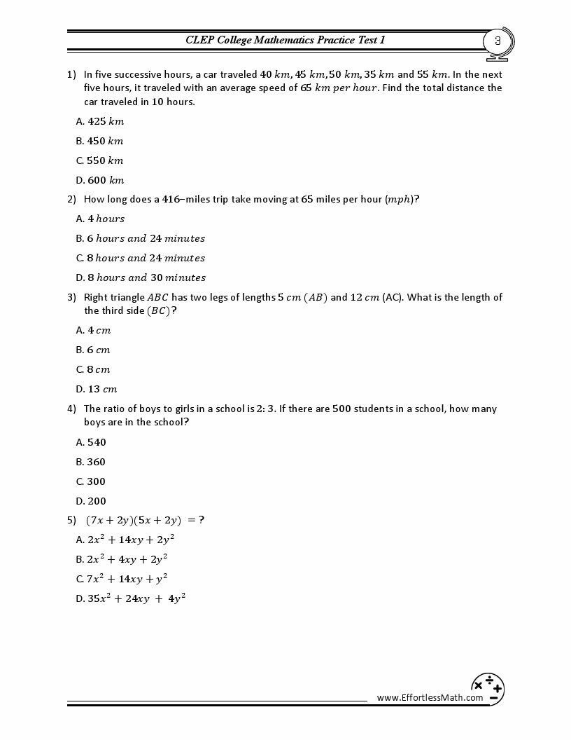 5 CLEP College Mathematics Practice Tests Extra Practice to Help