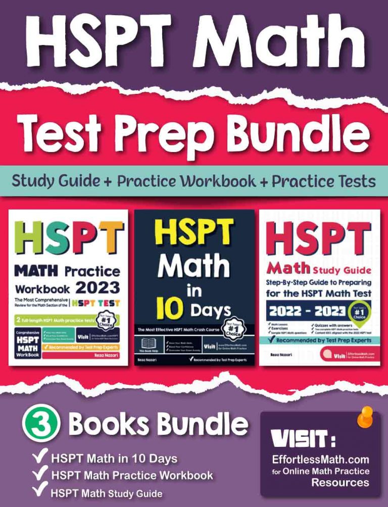 HSPT Math Test Prep Bundle: Study Guide + Practice Workbook + Practice Tests cover