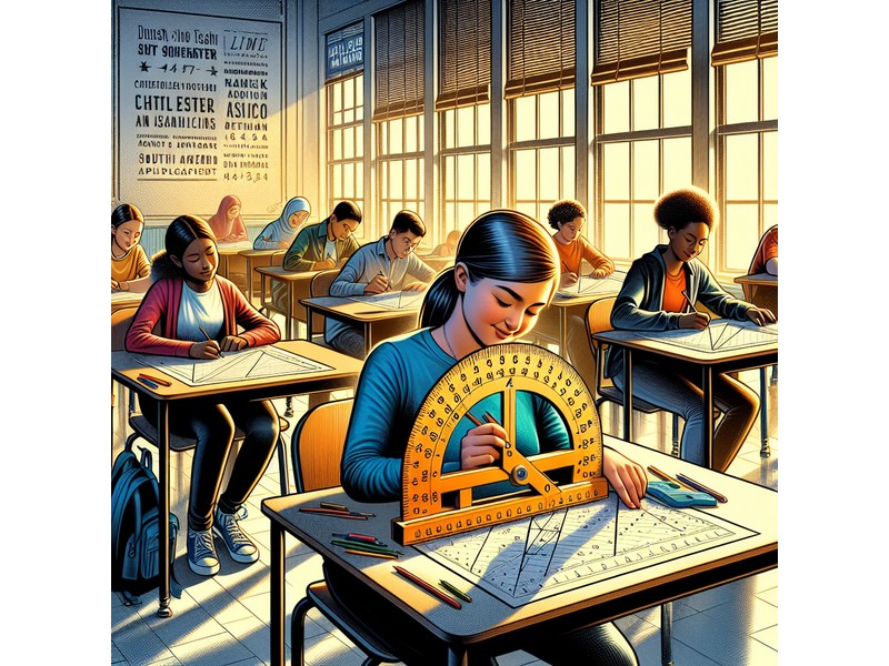 Illustration of a 6th-grade student measuring angles in a geometric shape with a protractor. America...