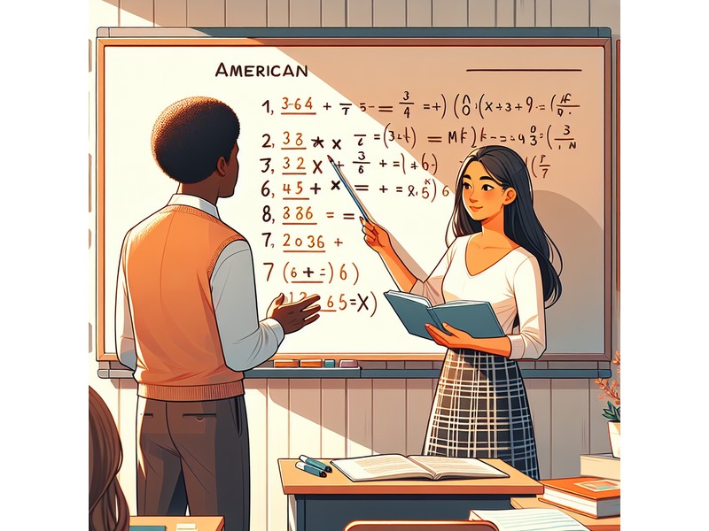 Illustration of an American student solving a multistep word problem in a modern American classroom...