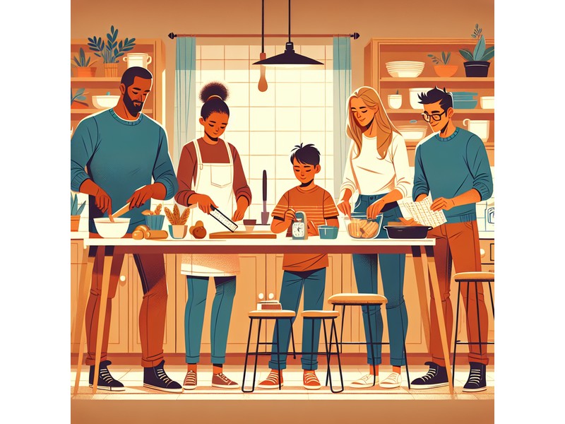 Illustration of an American family cooking together, incorporating math concepts into their meal pre...
