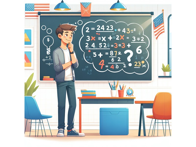 Illustration of an American child confidently solving a math word problem in a modern American educa..