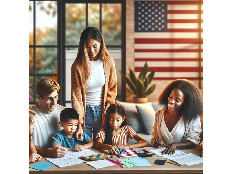 Illustration of an American family engaging in a math game together, demonstrating a fun and interac..
