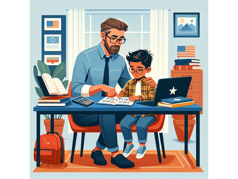 American parent and child reviewing math practice problems together, showcasing a collaborative lear..