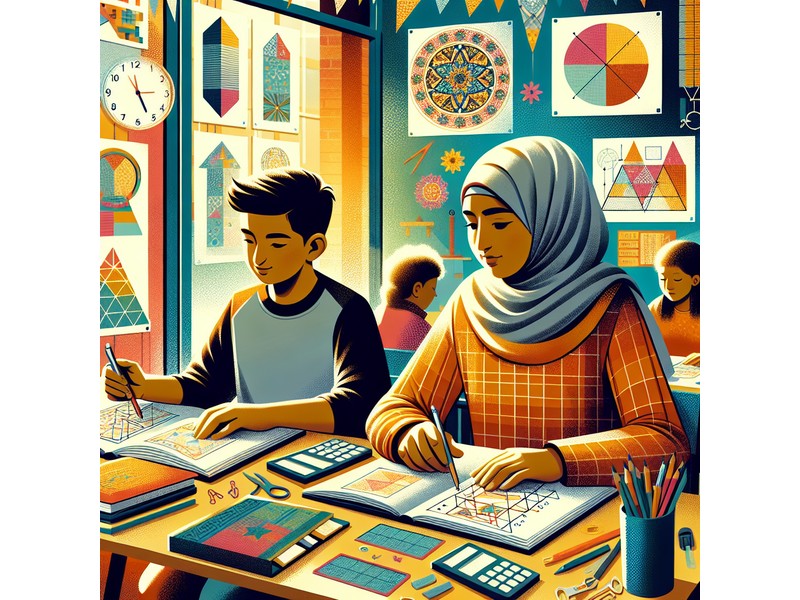 Illustration of a 6th-grade student solving geometric problems in a modern American classroom settin...