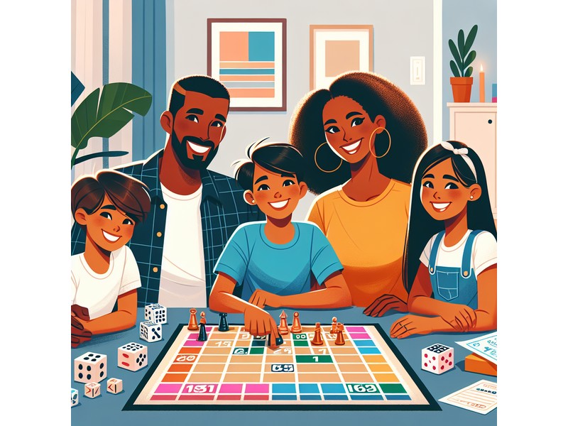 Illustration of an American family engaging in a math game night at home. The image should show pare...