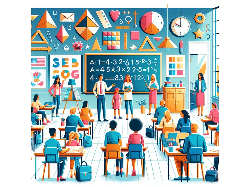 Illustration of a classroom setting with math symbols, geometric shapes, and measurement tools, repr...