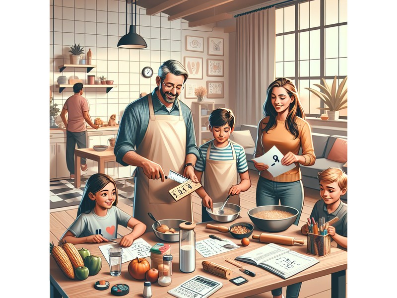 Illustration of an American family engaging in everyday math activities like cooking, measuring ingr...
