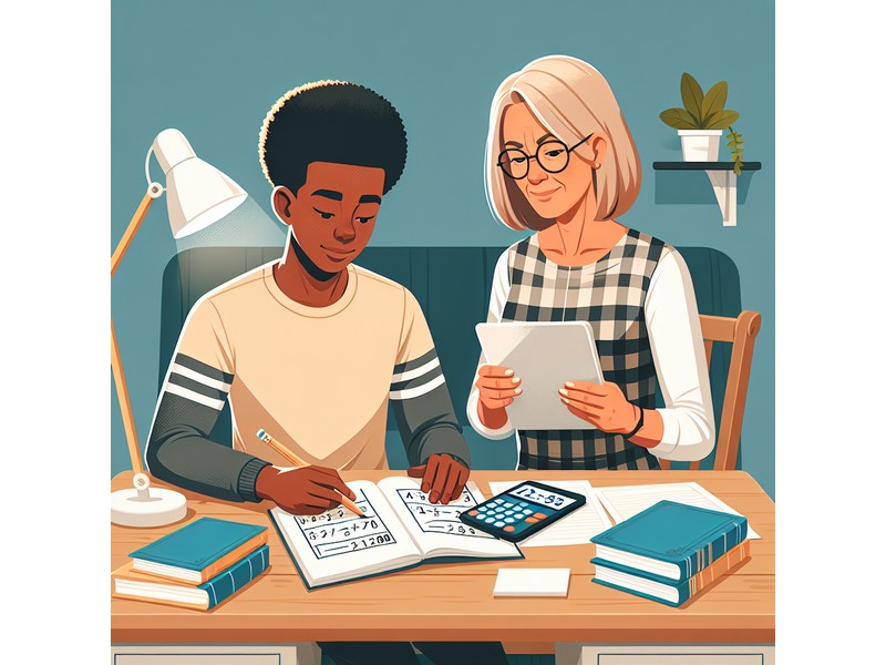 Illustration of a student engaging with math practice materials, including textbooks, worksheets, an...