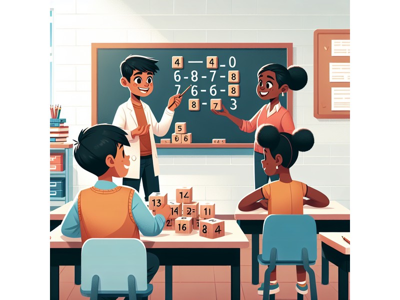 Illustration of American child using base-10 blocks to understand place value in a modern American c..