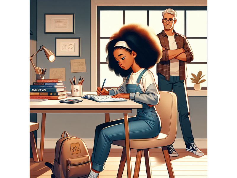 American student carefully reviewing and checking math work in a bright, encouraging setting. Illust..