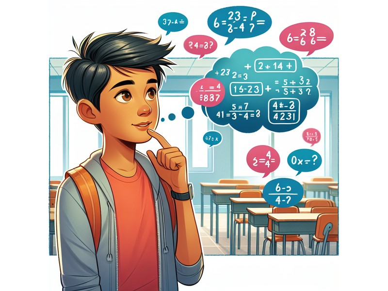 Illustration of an American child confidently solving a math word problem in a modern American educa..