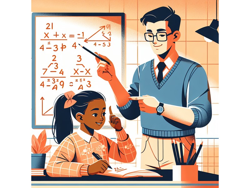 Illustration of an American child confidently solving a linear equation in a modern American educati...