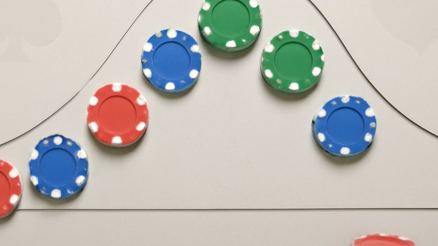 Casino chips arranged as data points along a long-run expected value curve