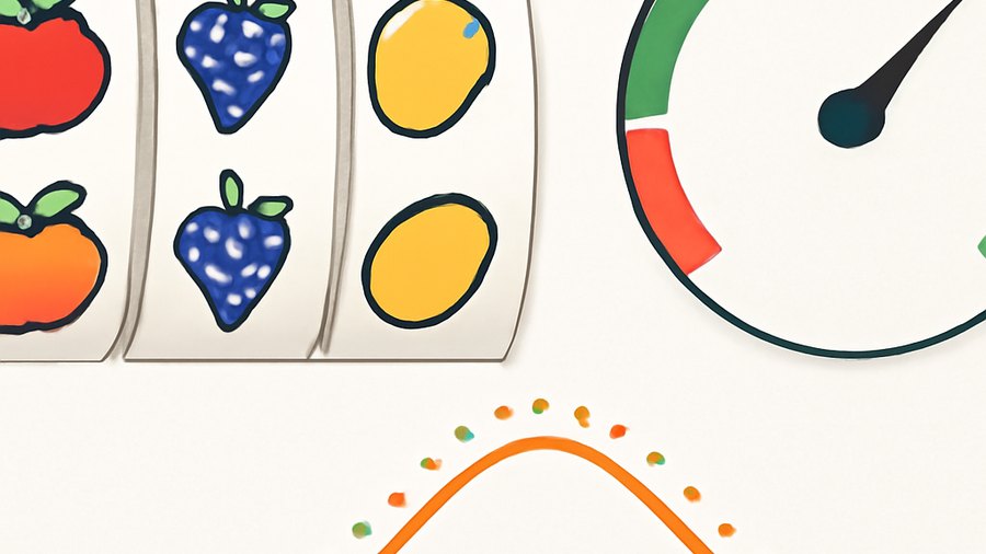 Slot machine reels with an abstract long-run RTP gauge and scattered payout dots