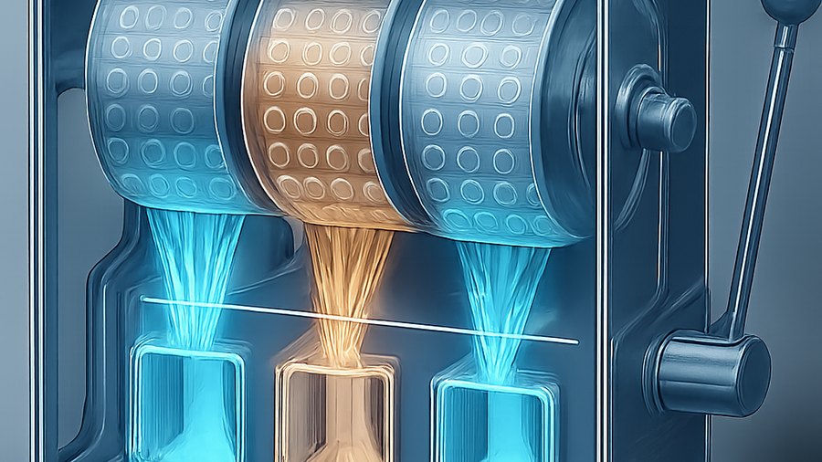 Transparent slot machine with abstract random number streams flowing through reels