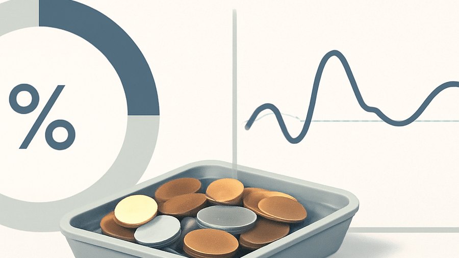 A 96 percent style gauge beside unpredictable coins and a long-run average line