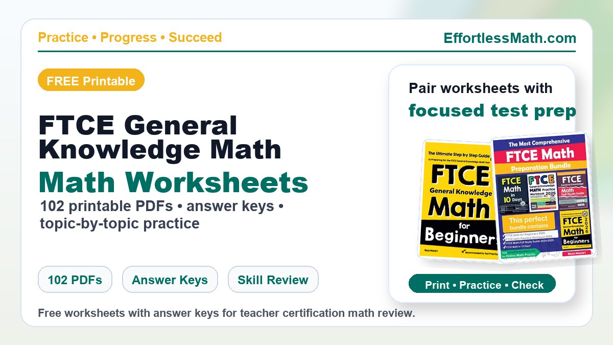 FTCE General Knowledge Math worksheets cover image