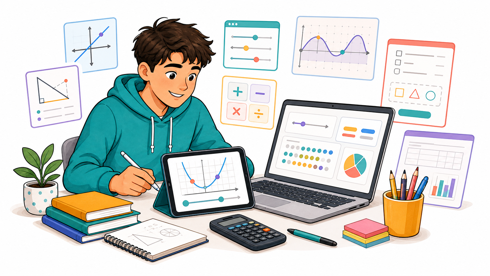 A student using interactive math tools on a laptop and tablet