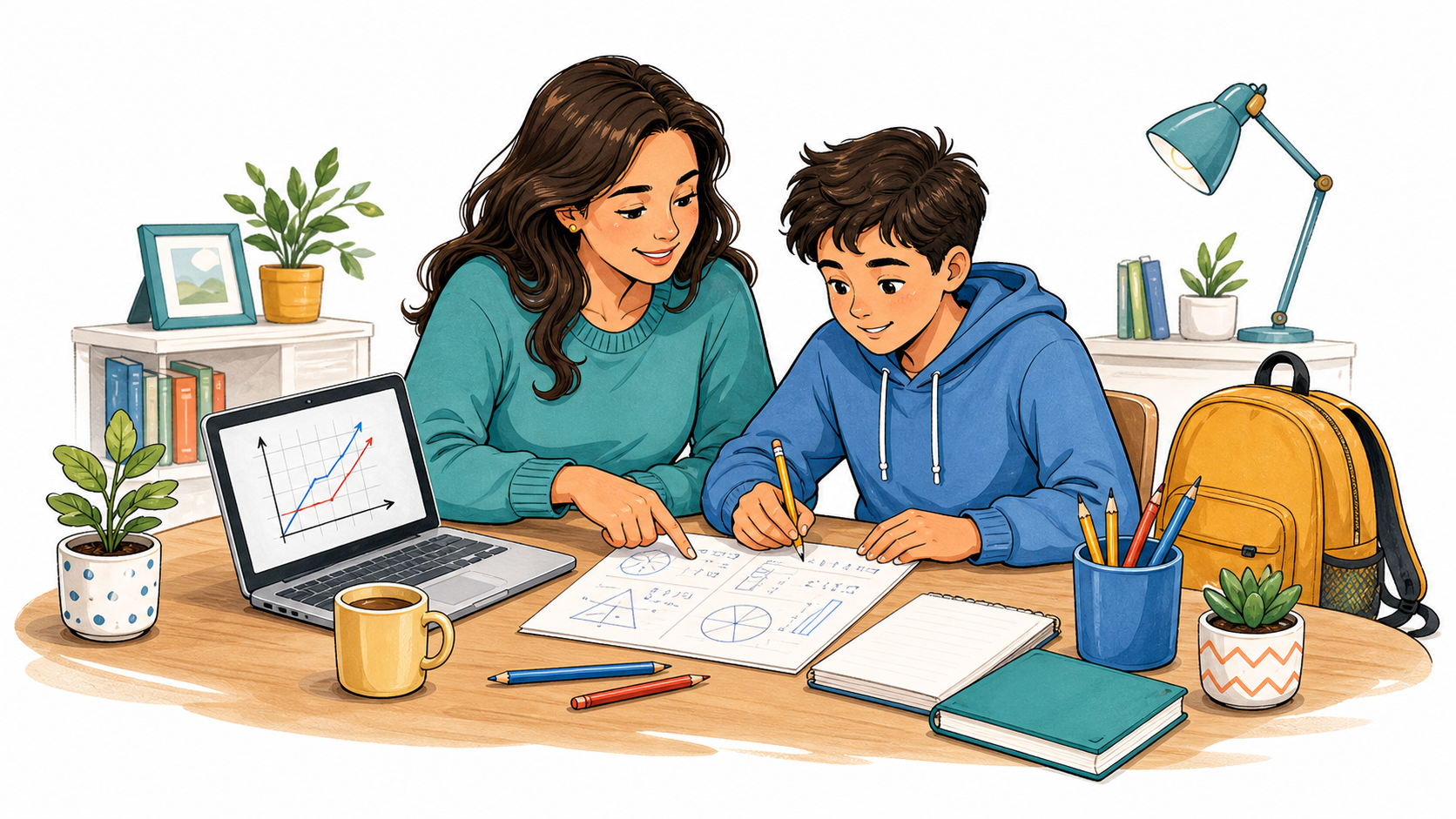 A parent and student reviewing math together at a home study table