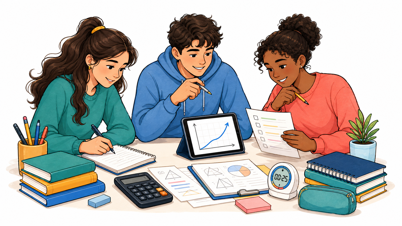 Students studying math together with practice papers, a calculator, and a tablet graph