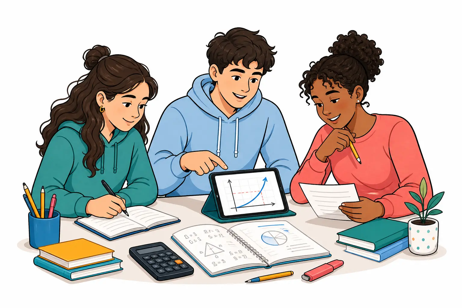 Students studying together with math practice materials