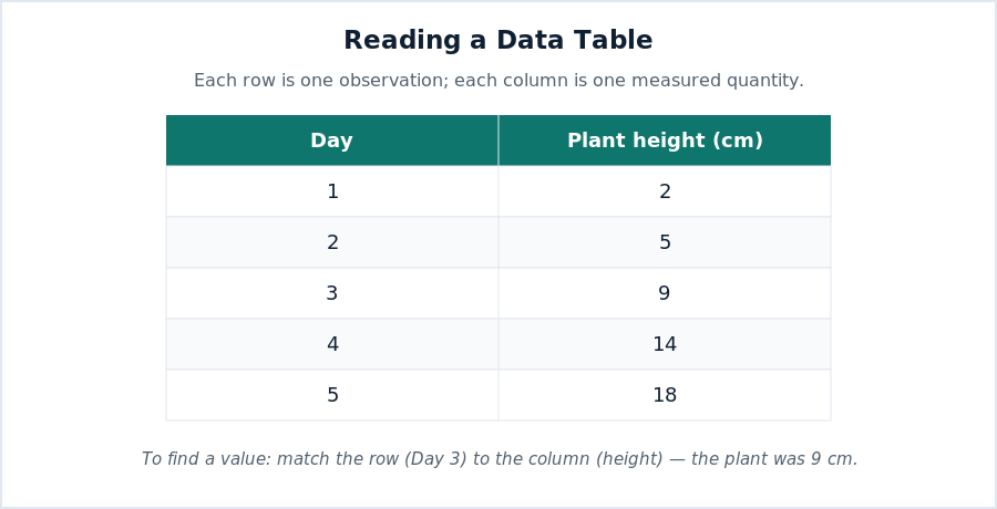 A data table showing plant height in centimeters for days 1 through 5, with day in one column and height in another