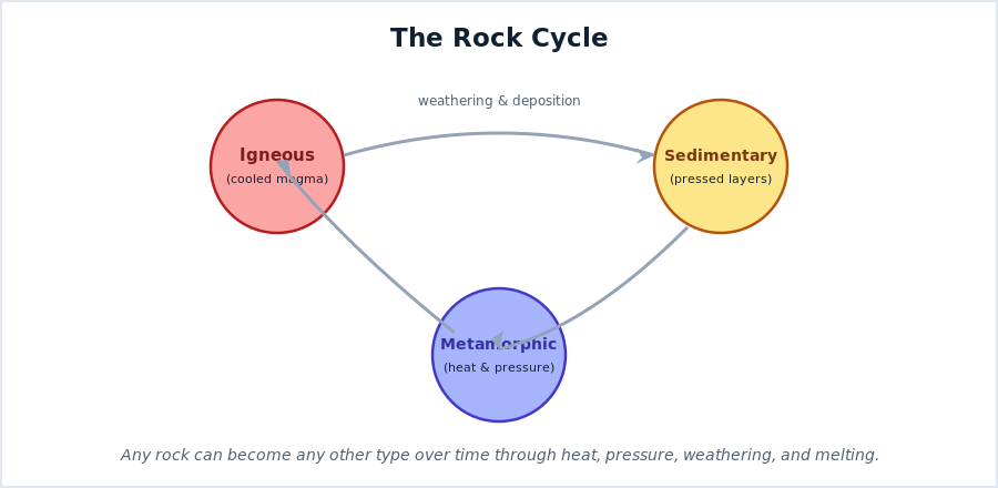 The rock cycle showing igneous, sedimentary, and metamorphic rock changing into one another