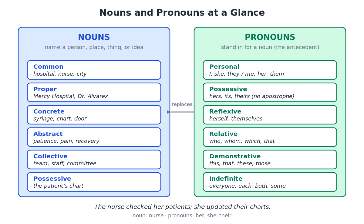 Labeled diagram mapping noun types (common, proper, concrete, abstract, collective) and pronoun families (personal, possessive, reflexive, relative, demonstrative, indefinite) with example words