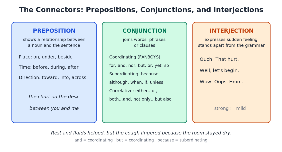 Labeled diagram of the three connector types: prepositions showing place, time, and direction; coordinating, subordinating, and correlative conjunctions; and interjections with example words
