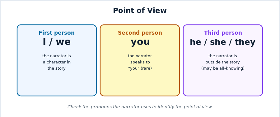 Point of view: first person (I), second person (you), third person (he/she/they)