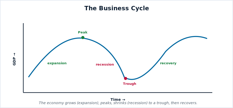 The business cycle showing expansion, peak, recession, trough, and recovery