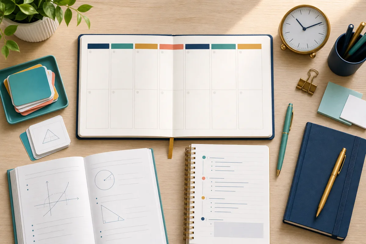 A weekly study planner beside math notes and a writing notebook