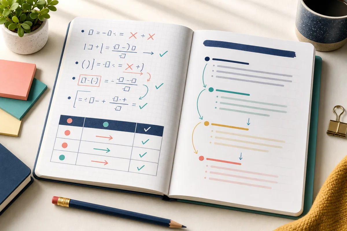 A notebook showing reviewed math work and an organized revision plan