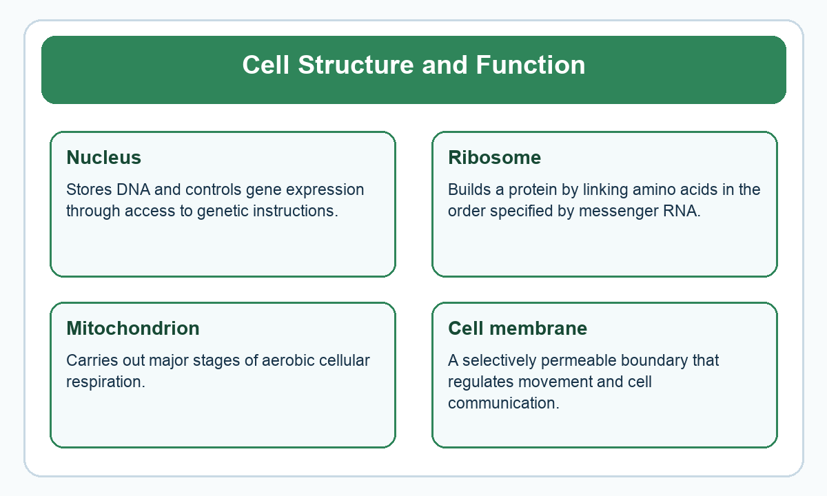 Four-part beginner diagram for cell structure and function