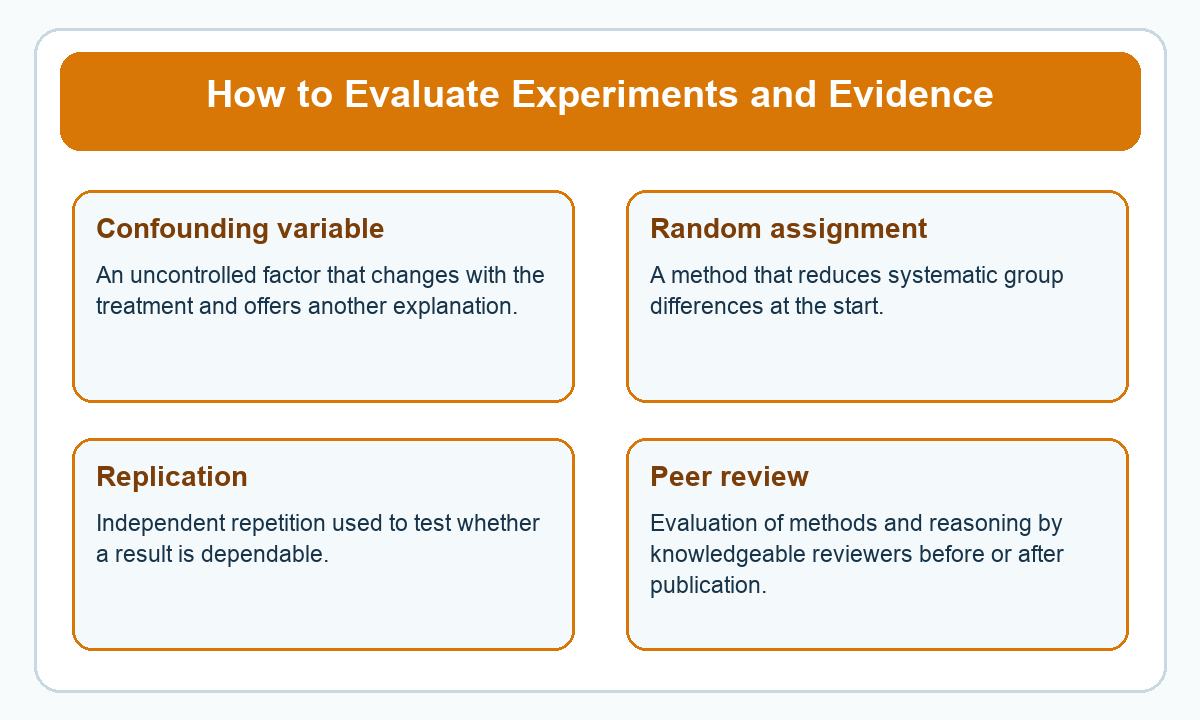 Four-part beginner diagram for how to evaluate experiments and evidence