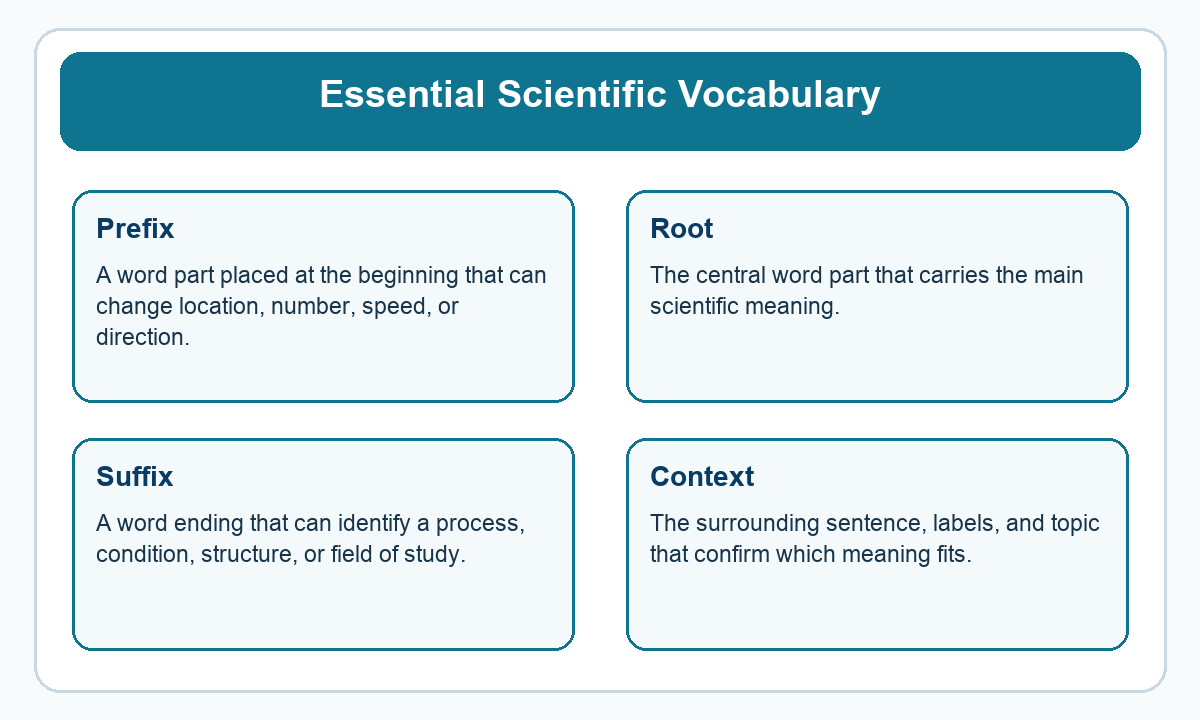 Four-part beginner diagram for essential scientific vocabulary