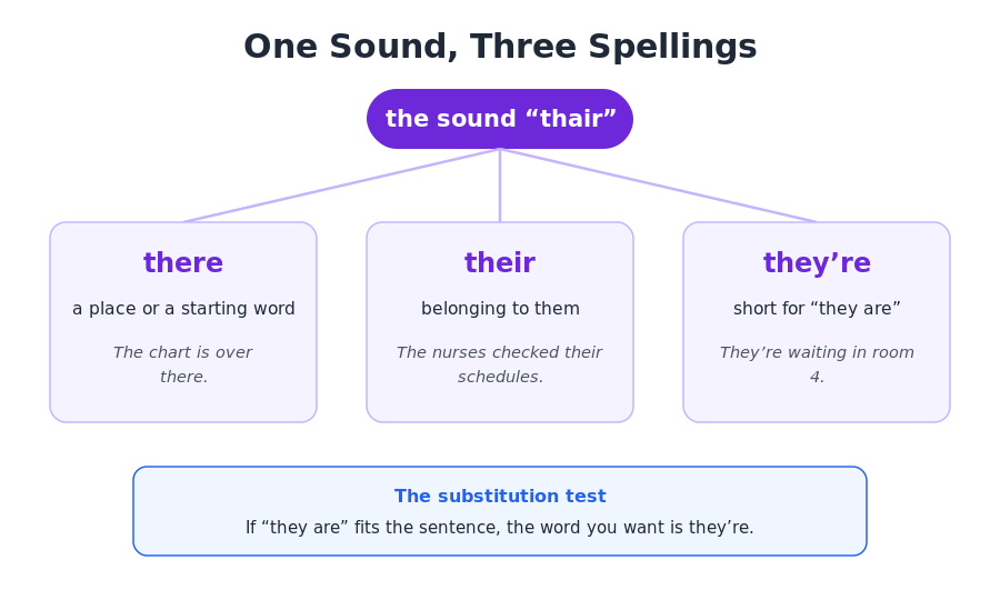 Diagram of the homophones there, their, and they're with the meaning and an example sentence for each