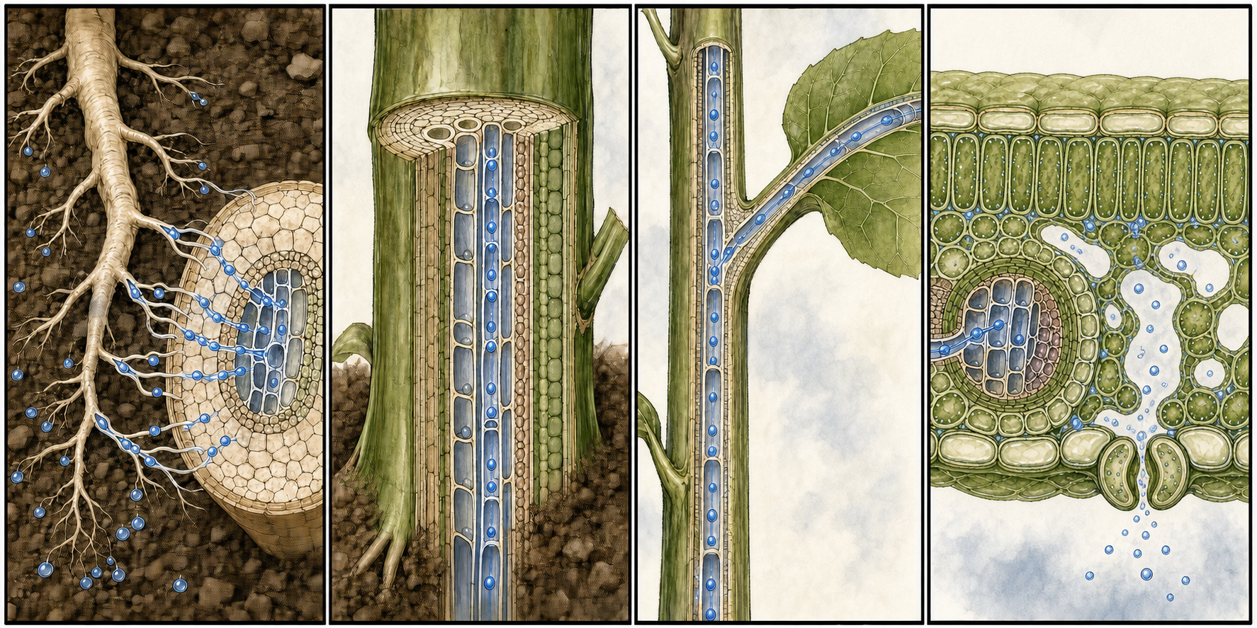 Plant transport sequence showing water entering roots, moving through xylem, and leaving a leaf through stomata