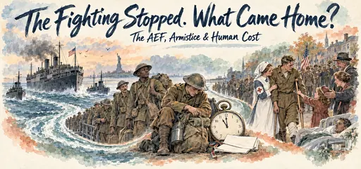 Watercolor comic panorama linking an escorted troopship, weary American soldiers and an eleven oclock watch to a nurse, injured veteran and welcoming family after the armistice.